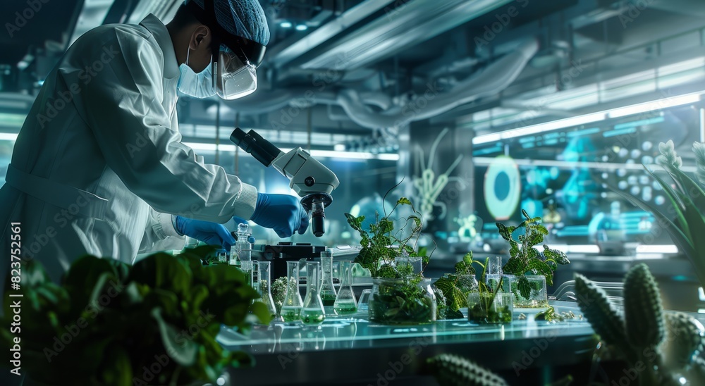 A scientist in a white lab coat and blue gloves is working on organic matter inside the laboratory, surrounded by test tubes and scientific equipment A scientist in a white lab coat and blue gloves is working on organic matter inside the laboratory, surrounded by test tubes and scientific equipment