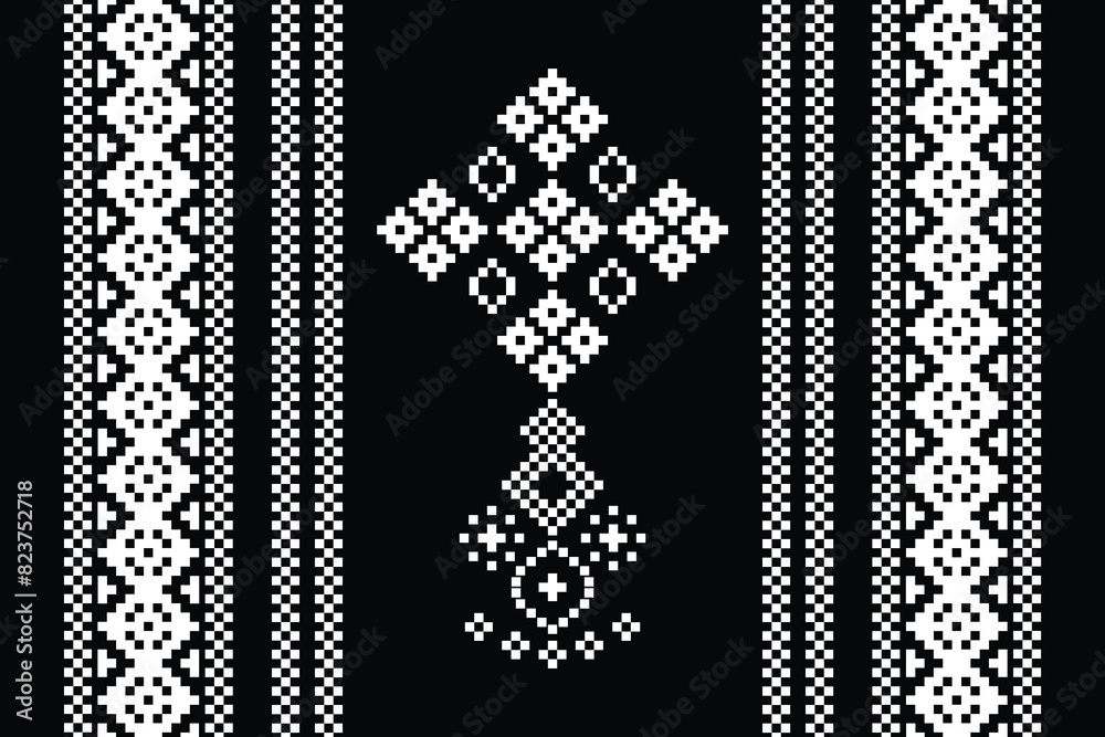 Traditional black ethnic motifs ikat geometric fabric pattern cross stitch.Ikat embroidery Ethnic oriental Pixel black background.Abstract,vector,illustration. Texture,decoration,wallpaper. Traditional black ethnic motifs ikat geometric fabric pattern cross stitch.Ikat embroidery Ethnic oriental Pixel black background.Abstract,vector,illustration. Texture,decoration,wallpaper.