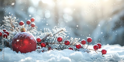 Festive Christmas decorations displayed against a snowy white background. Concept Winter Wonderland, Festive Decor, Snowy Backdrop, Holiday Season