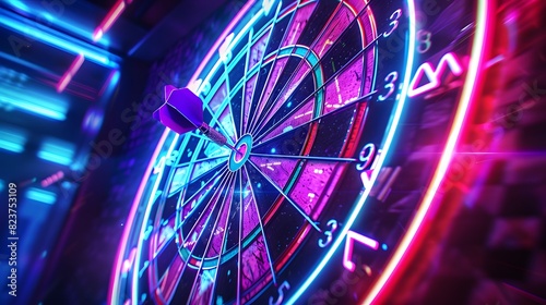 A dynamic neon-lit dartboard with a dart precisely hitting the center bullseye under futuristic illumination