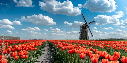 Vibrant tulip field with a Dutch windmill under a blue sky. Concept Tulip Fields, Dutch Windmill, Vibrant Colors, Blue Sky, Landscape Photography,