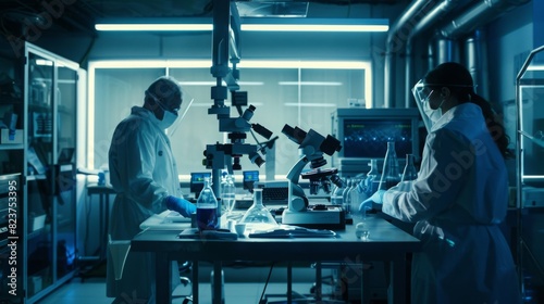 Two scientists are working with microscopes and test tubes in a high-tech laboratory environment, surrounded by advanced equipment, late at night.