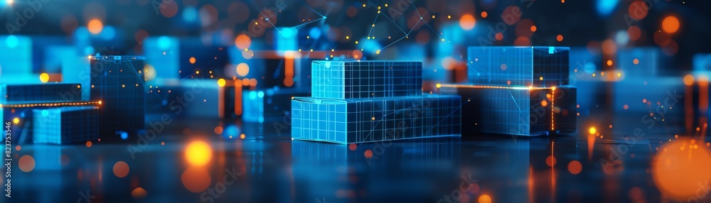 Abstract digital boxes with glowing lights, representing data storage, technology, and innovation in a futuristic setting. Abstract digital boxes with glowing lights, representing data storage, technology, and innovation in a futuristic setting.