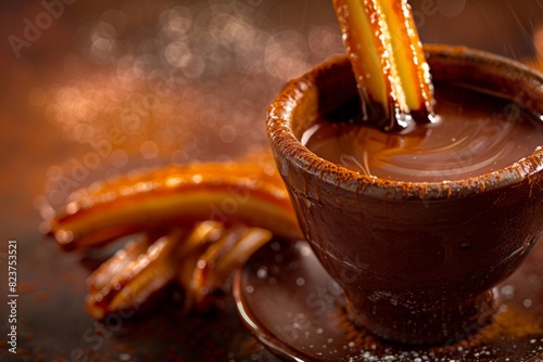 Delicious Spanish Churro Dipped in Thick Hot Chocolate - Culinary Delight for Food Photography