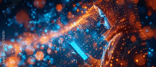 Abstract digital art depicting a person in a futuristic suit with blue and orange neon lights, symbolizing technology and innovation.