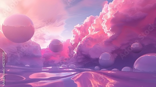 Abstract fantasy landscape backdrop adorned with dreamy purple cumulus clouds