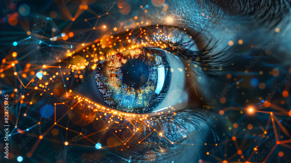 an eye is depicted with AI digital connections and data points ...