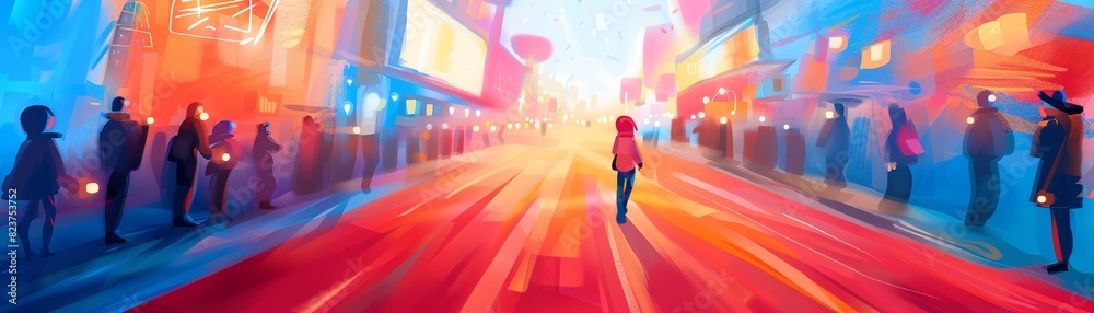 Colorful digital painting of a lone figure in a vibrant city street, surrounded by neon lights and glowing skyscrapers, emphasizing urban solitude. Colorful digital painting of a lone figure in a vibrant city street, surrounded by neon lights and glowing skyscrapers, emphasizing urban solitude.