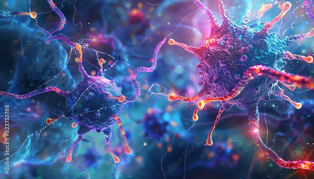 Colorful microscopic view of viruses with glowing particles. Concept for medicine, microbiology, and infectious diseases. Colorful microscopic view of viruses with glowing particles. Concept for medicine, microbiology, and infectious diseases.