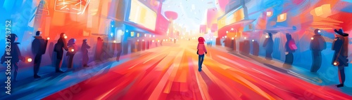 Colorful digital painting of a lone figure in a vibrant city street  surrounded by neon lights and glowing skyscrapers  emphasizing urban solitude.
