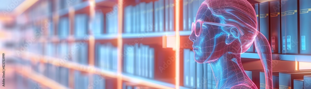 Fototapeta premium Futuristic digital human head in neon lights, representing artificial intelligence and technology in a modern library setting.