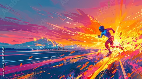 Dynamic digital artwork of a runner in motion against a vibrant  colorful background. Ideal for sports  energy  and motivation themes.