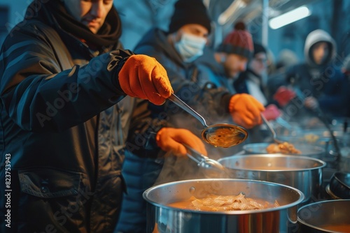 Volunteers serving hot soup on cold street, food for homeless in community charity donation center