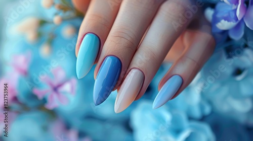 manicure in blue tones, such as light blue, light blue or navy blue generative ai photo