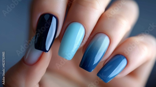manicure in blue tones, such as light blue, light blue or navy blue generative ai photo
