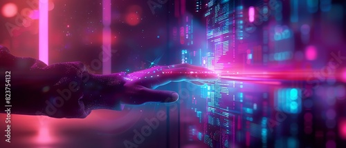 Hand interacting with futuristic digital interface, neon lights, and data visualization, representing technology and innovation.