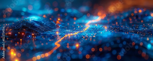 Futuristic technology abstract background with glowing blue and orange lights, illustrating connectivity and digital data flow. photo