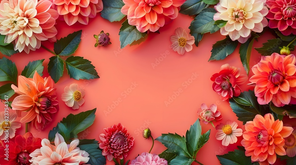 Bird's-eye view showcasing various blossoms on salmon background suitable for text insertion Bird's-eye view showcasing various blossoms on salmon background suitable for text insertion