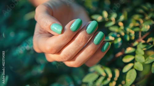 hands with manicure in green tones, such as mint green, olive green or emerald green. generative ai