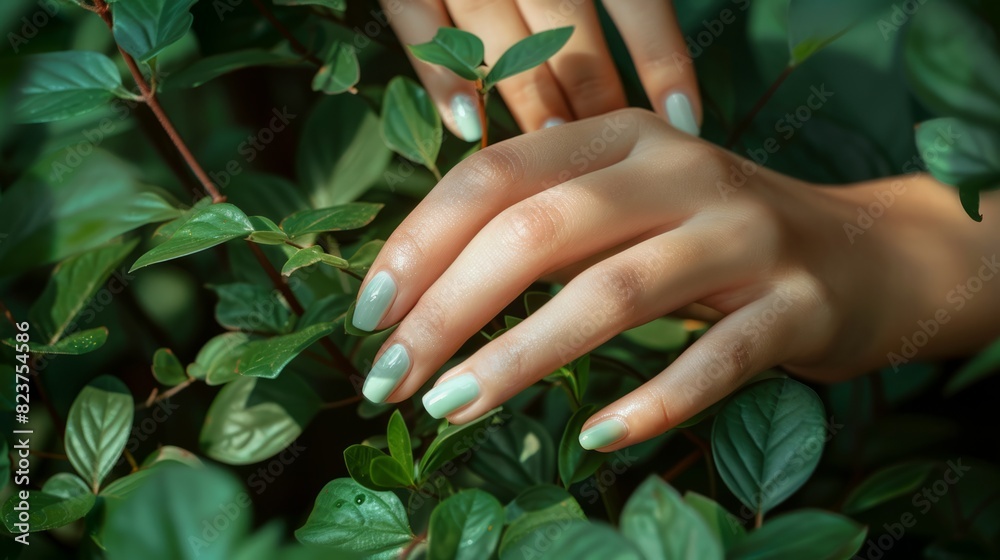 hands with manicure in green tones, such as mint green, olive green or emerald green. generative ai hands with manicure in green tones, such as mint green, olive green or emerald green. generative ai