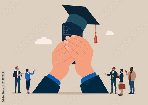 Students standing with mortar board hat calculator or phone. Student loan calculation, education budget allocation, university expense and debt pay off or scholarship payment.