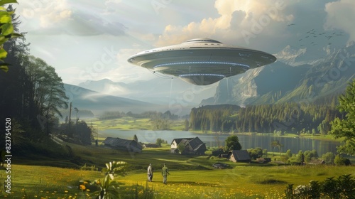 A large UFO hovers over a serene countryside village  with people observing it in a field near a lake and mountains at dawn.