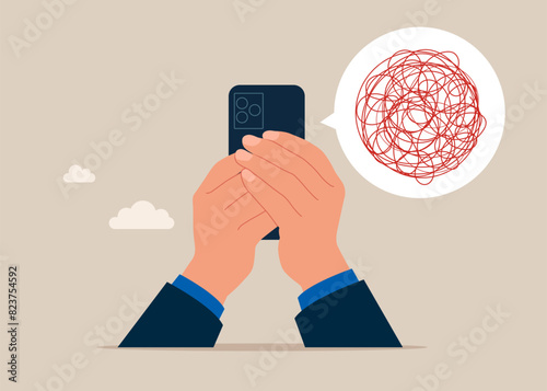 Unclear explanations, not understanding, confused speech. No communication message. Poor communication. Arms hold use smart phone. Modern vector illustration flat design. 