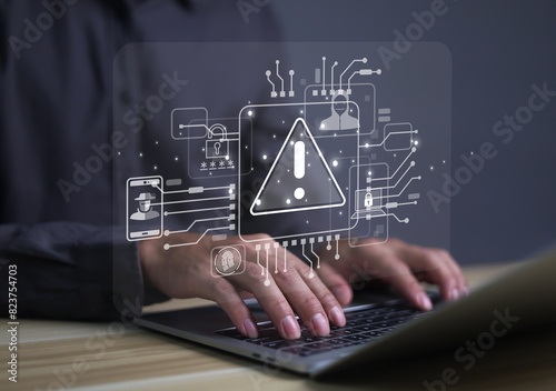 Warnings exclamation mark alerts in computer systems to be aware of the dangers and risks of cyberattacks on the Internet. Malicious software to secure online logins on websites