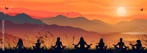 Silhouettes of people doing yoga poses against the background of a sunset yoga day