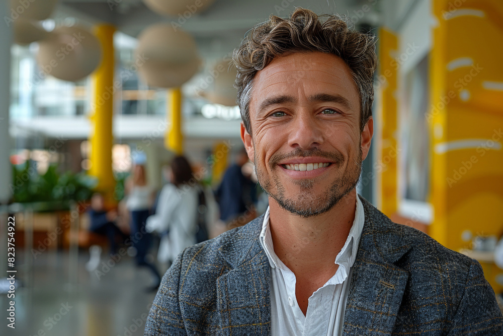Obraz premium In a professional portrait, a successful and confident businessman smiles confidently indoors, exuding positivity.