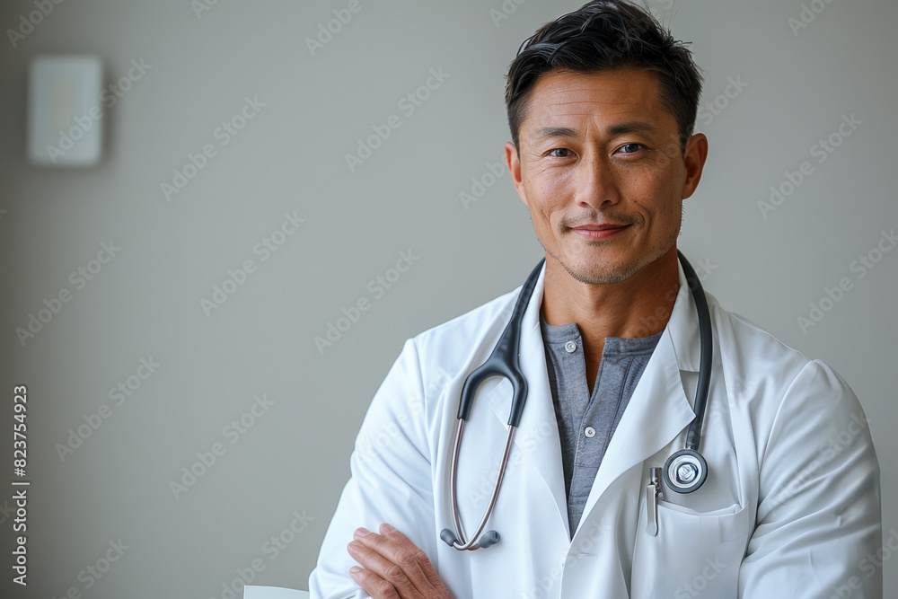A friendly and cheerful portrait of a professional Asian doctor in a hospital setting. A friendly and cheerful portrait of a professional Asian doctor in a hospital setting.
