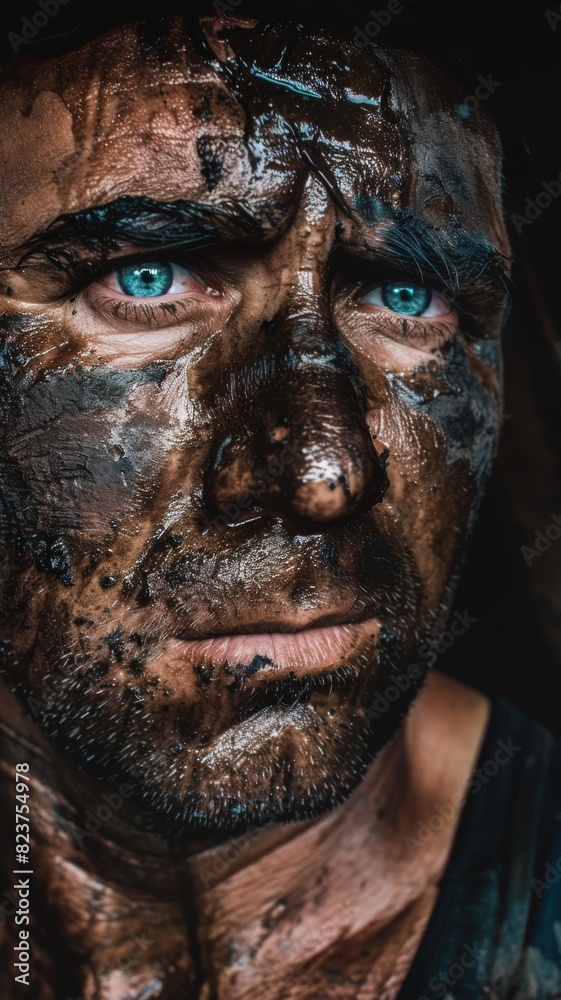 A miner's face covered in sweat and dirt, eyes determined, super realistic