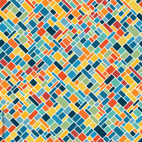 Uneven orthogonal grid with multicolored rectangles and squares on a white background. Seamless diagonal checkered pattern. Geometric vintage style. 
