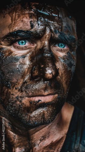 A miner's face covered in sweat and dirt, eyes determined, super realistic