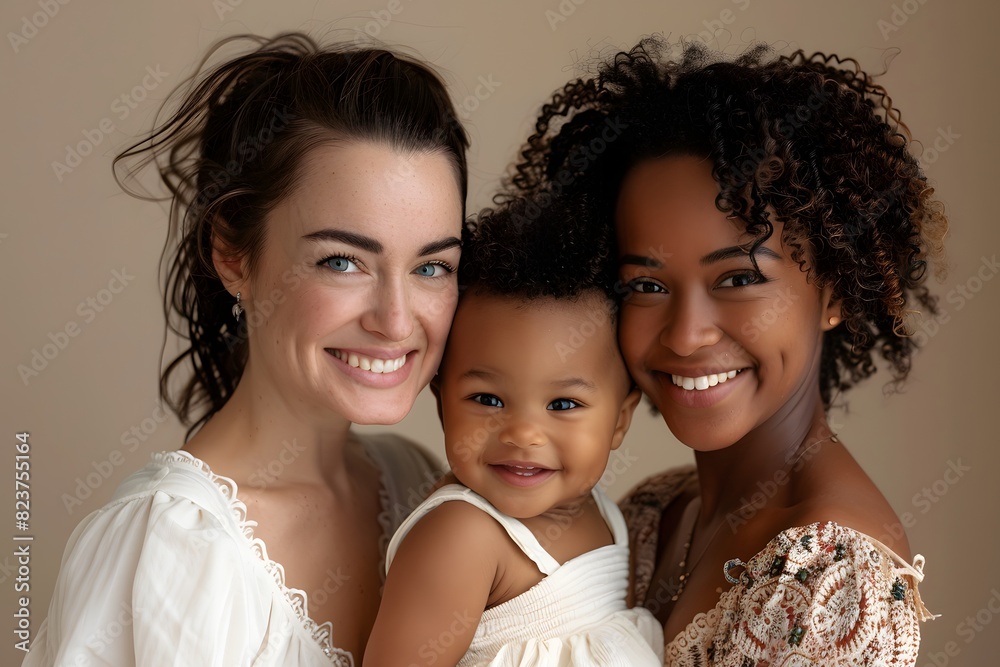 A nontraditional family photo with a child, happy family looking in the camera and smiling A nontraditional family photo with a child, happy family looking in the camera and smiling