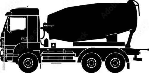 Concrete mixer icon. Side view. Black silhouette. Vector drawing. Isolated object on a white background. Isolate. AI generated illustration.