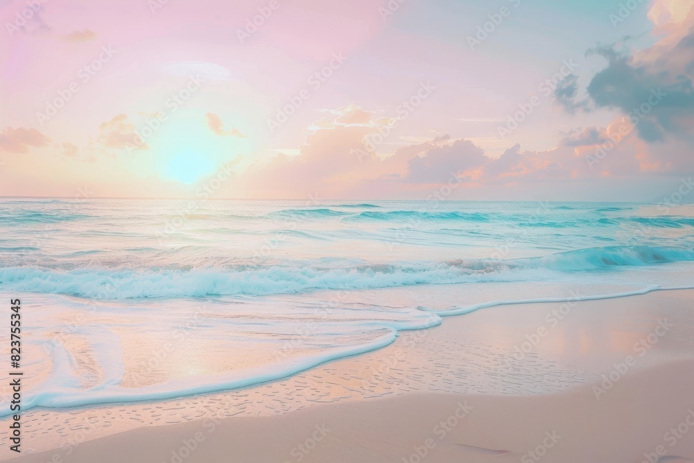 Fototapeta premium A serene beach at sunset with gentle waves lapping at the shore, a pastel sky creating a peaceful atmosphere perfect for unwinding, with the scene emphasizing rhythm and harmony in nature