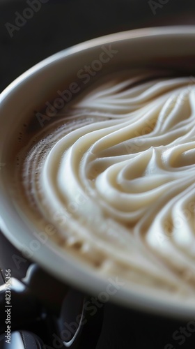 Detailed close-up of swirling cream in a cup of long black coffee, super realistic