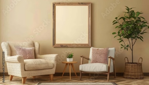 A living room with a white framed picture on the wall and two chairs by AI generated image