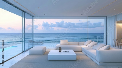 White modern living room with glass windows and ocean view at dusk in luxury beach house home interior design 