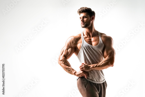 Potenza Muscolare- Un Bodybuilder in Posa su Sfondo Bianco