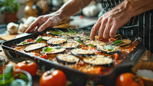 A person is busy preparing food on a tray on a wooden table