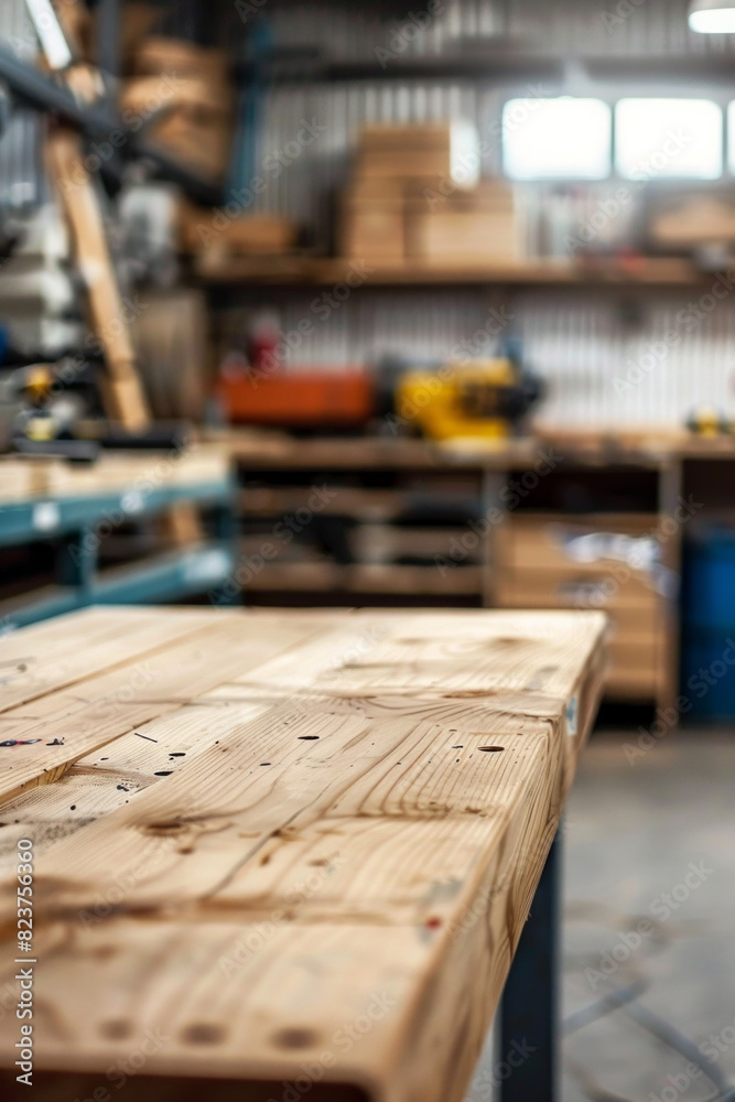 A wooden workbench in the foreground with a blurred background of an industrial workshop. The background includes various tools and equipment, metalworking machines, safety gear, and shelves. A wooden workbench in the foreground with a blurred background of an industrial workshop. The background includes various tools and equipment, metalworking machines, safety gear, and shelves.