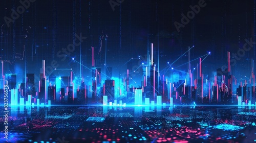 Vintage abstract stock market graph chart with blue hologram background of business and financial candlestick trading concept on cityscape background for company presentation design, wall art print