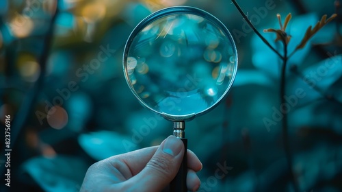 Hand holding magnifying glass on a blurred blue background