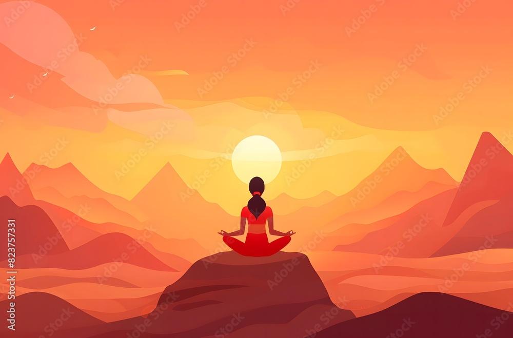 Woman meditating in lotus position on top of the mountain,international yoga day