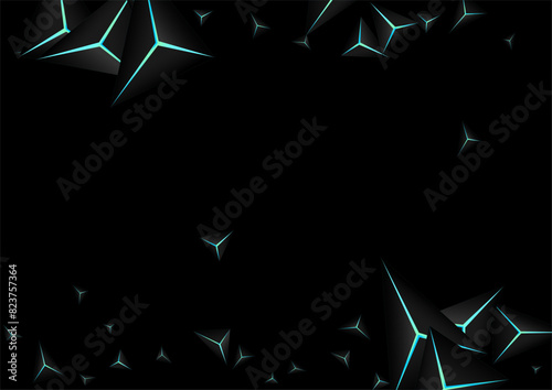 Jet Black Crystal Background Black Vector. Blue Neon Triangle Abstract. Prism Glamour Card. Dark Decorative Backdrop.