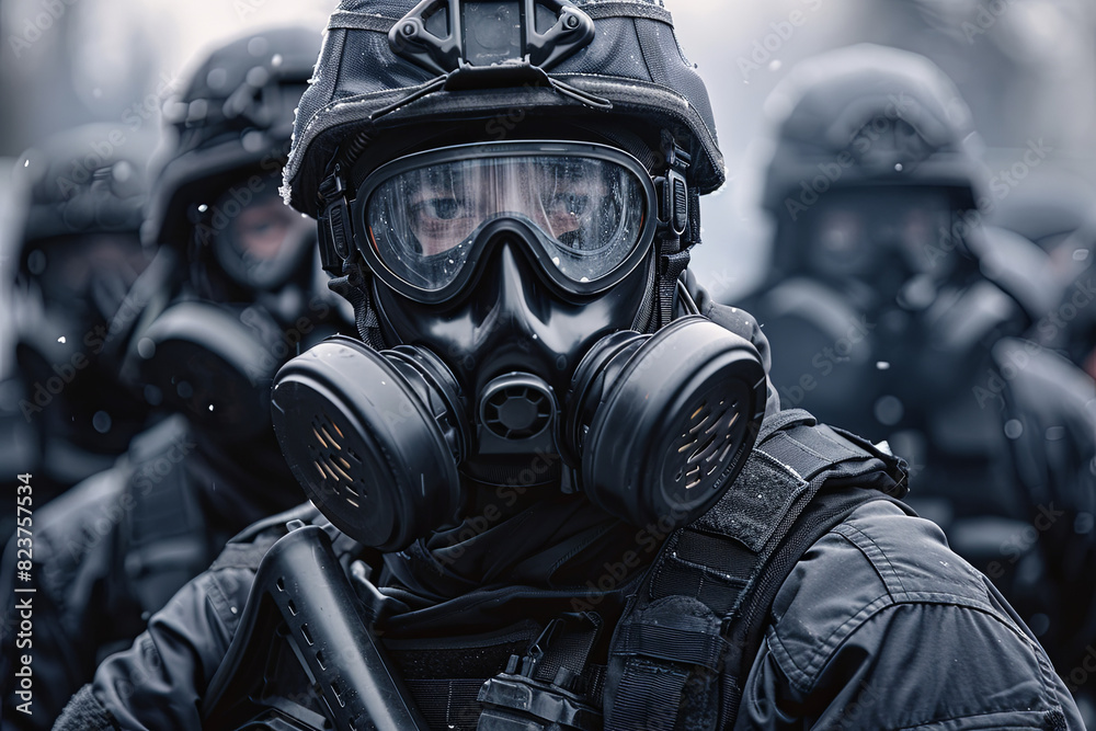 Heavily armed SWAT officers in protective gear and intimidating gas masks Heavily armed SWAT officers in protective gear and intimidating gas masks