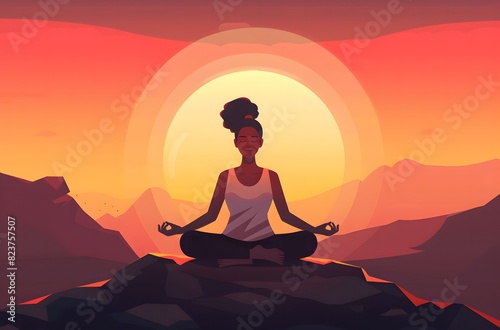 Woman meditating in lotus position on top of the mountain,international yoga day