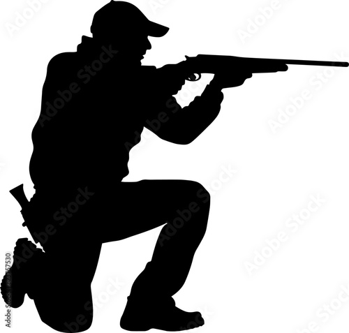 hunter shoots his gun, silhouette on white background. AI generated illustration.